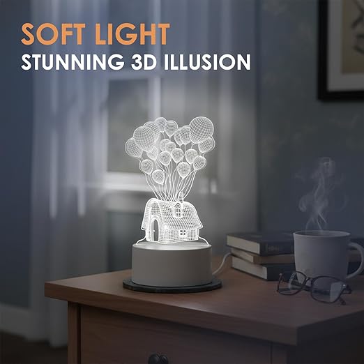 3D Illusion LED Night Lamp – House & Balloons Design USB Powered Decorative Table Lamp for Bedroom, Kids Room & Home Decor