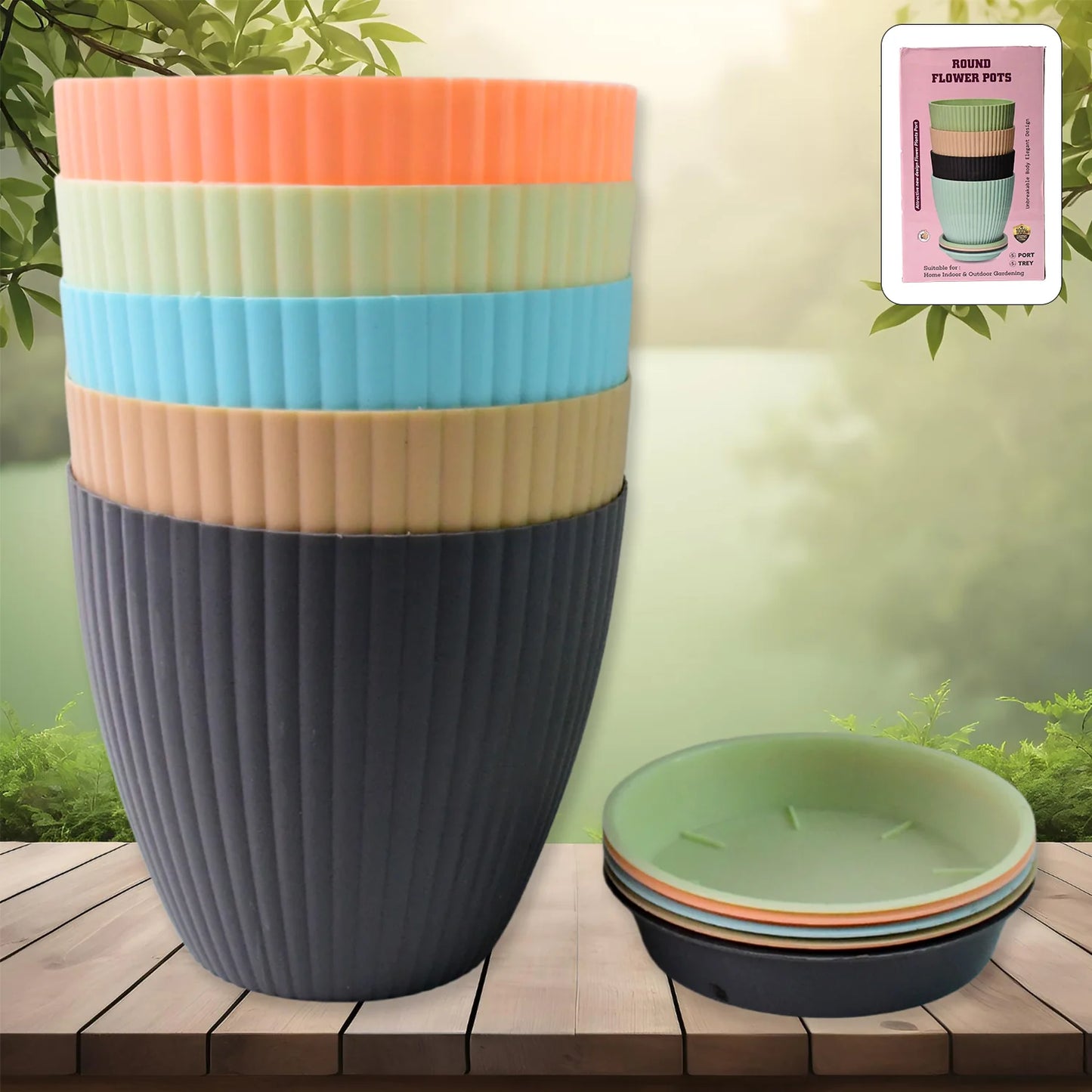 Round Plastic Flower Pot with Bottom Tray – 5 Pcs Set | Indoor Outdoor Planters for Home, Balcony & Garden