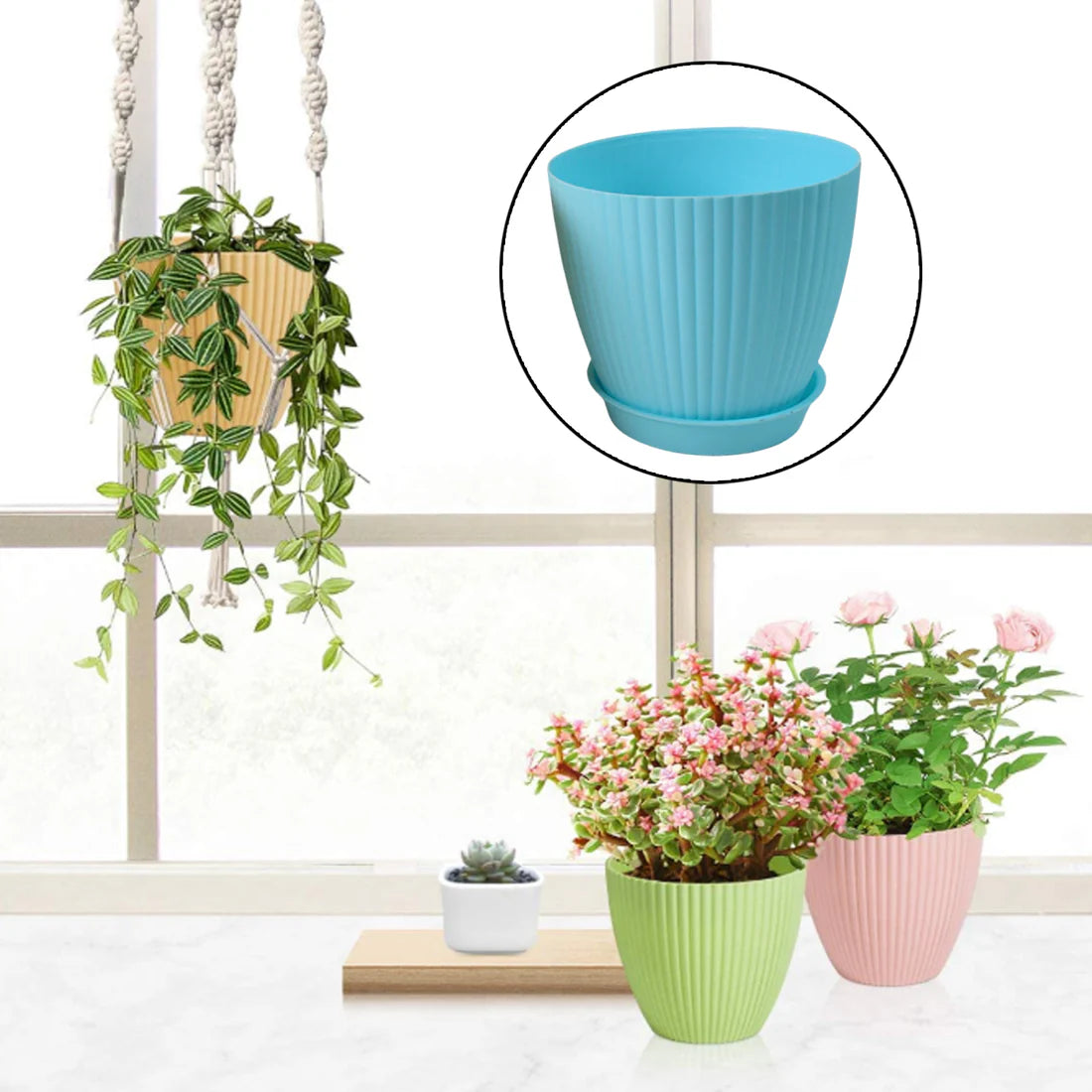 Round Plastic Flower Pot with Bottom Tray – 5 Pcs Set | Indoor Outdoor Planters for Home, Balcony & Garden