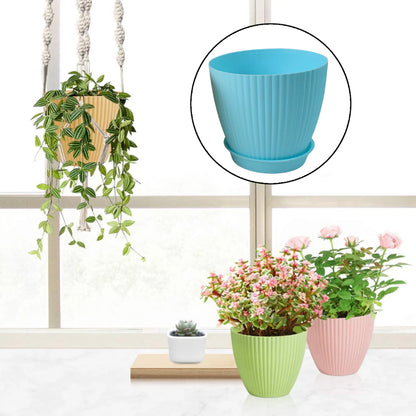 Round Plastic Flower Pot with Bottom Tray – 5 Pcs Set | Indoor Outdoor Planters for Home, Balcony & Garden