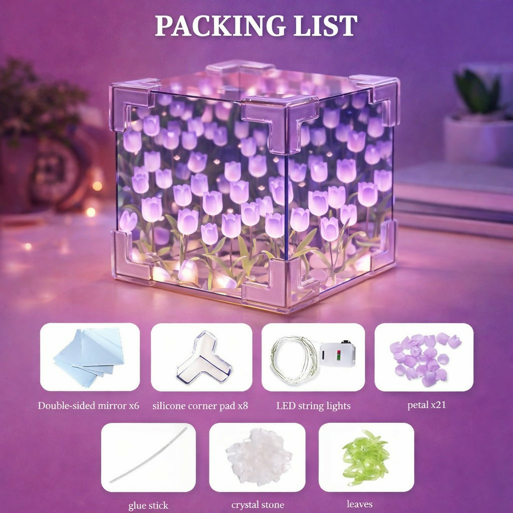 Purple DIY Tulip Mirror Cube LED Night Lamp for Bedroom, Desk & Home Decor