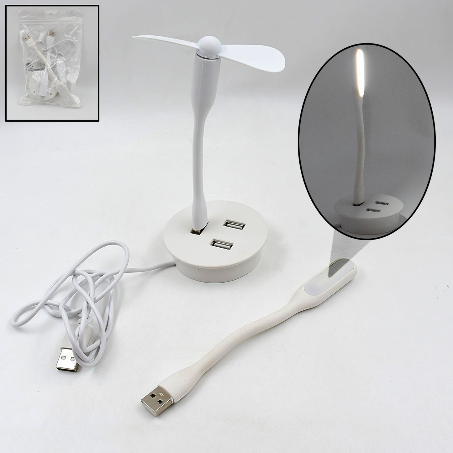 Mini USB Fan Combo – USB LED Light & 3 Port Hub